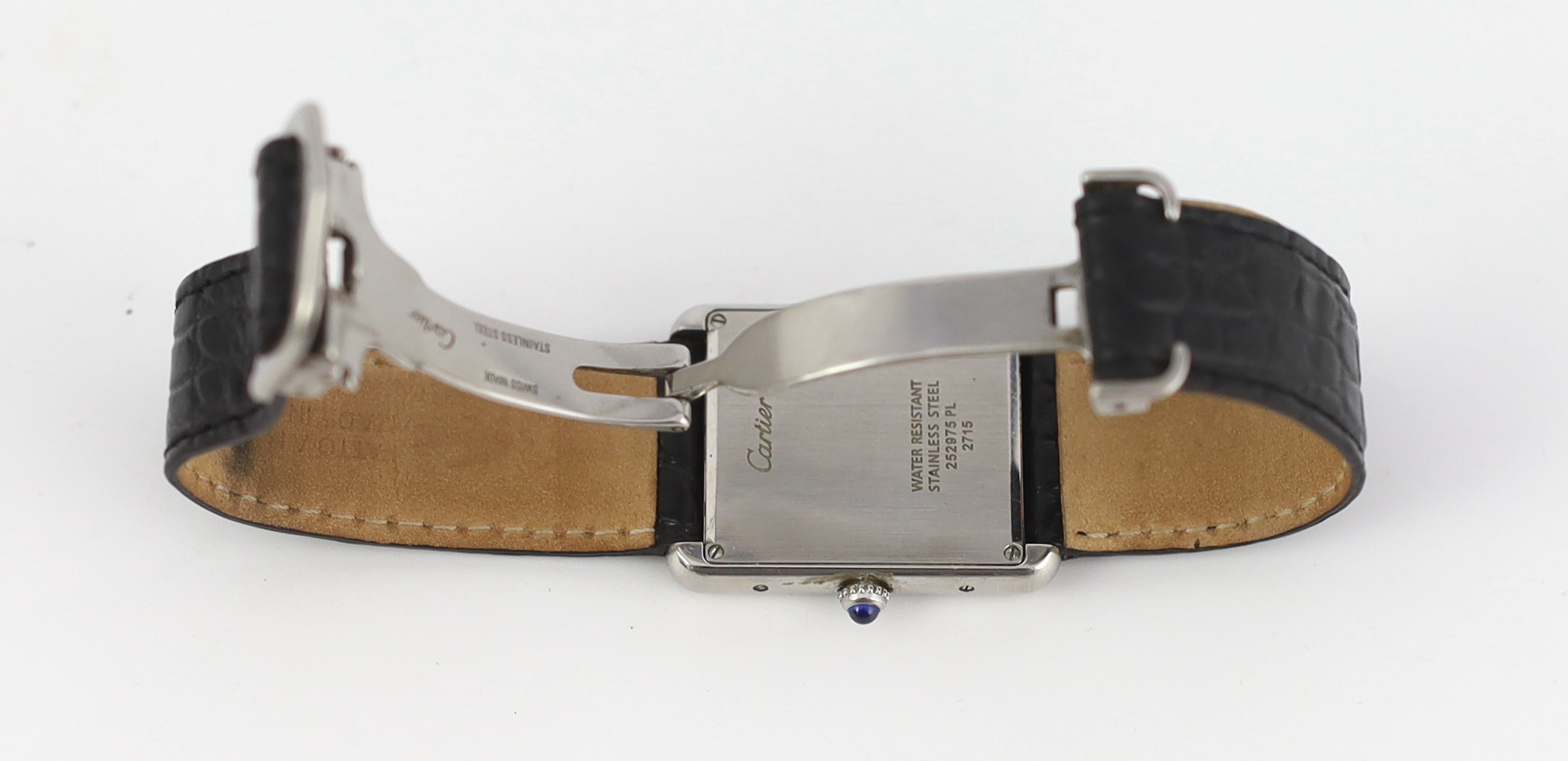 A gentleman's stainless steel Cartier rectangular quartz wrist watch